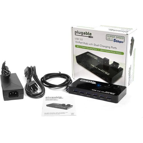  Plugable 10-Port USB 3.0 SuperSpeed Hub with 48W Power Adapter and Two Flip-Up Ports for Additional Devices