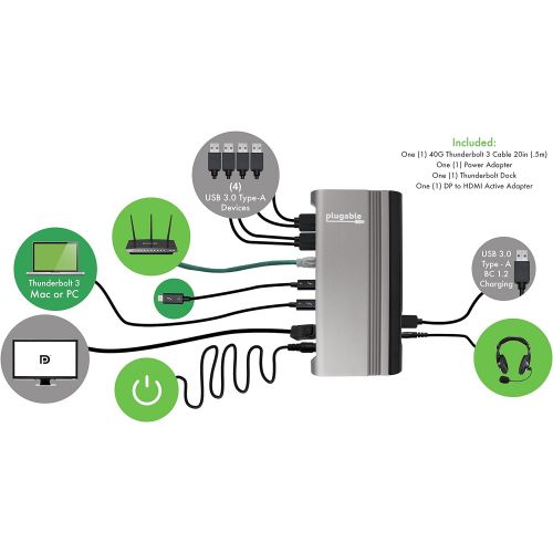  Plugable Thunderbolt 3 Dock with Charging Compatible with MacBook Pro 20182017Late 2016 & Specific Windows Laptops (Supports DisplayPort or HDMI, Gigabit Ethernet, Audio, 5 USB 3