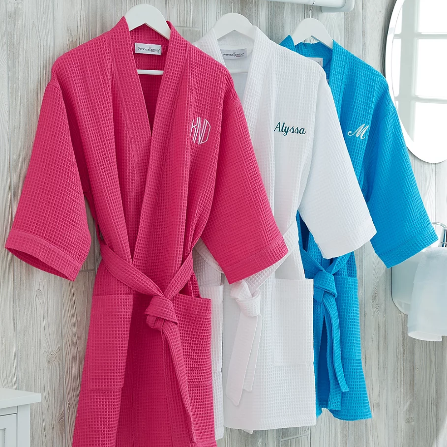  Plus Size Embroidered Waffle Weave Kimono Robe