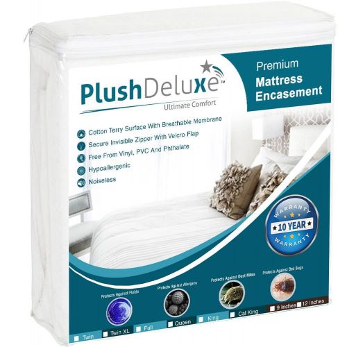  PlushDeluxe Premium Zippered Mattress Encasement, Waterproof, Bed Bug & Dust Mite Proof 6-Sided Protector Cover, Hypoallergenic Cotton Terry Surface (Fits 9-12 Inches H) Queen,10-Y