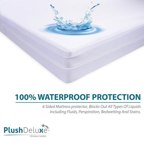  PlushDeluxe Premium Zippered Mattress Encasement, Waterproof, Bed Bug & Dust Mite Proof 6-Sided Protector Cover, Hypoallergenic Cotton Terry Surface (Fits 9-12 Inches H) Queen,10-Y