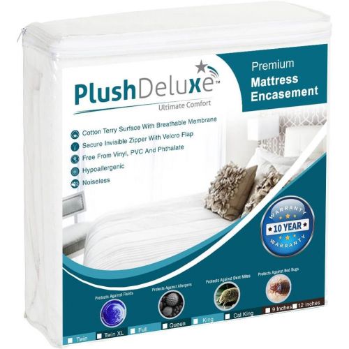  [아마존 핫딜] PlushDeluxe Premium Zippered Mattress Encasement, Waterproof, Bed Bug & Dust Mite Proof 6-Sided Protector Cover, Hypoallergenic Cotton Terry Surface (Fits 9-12 Inches H) Cal King,