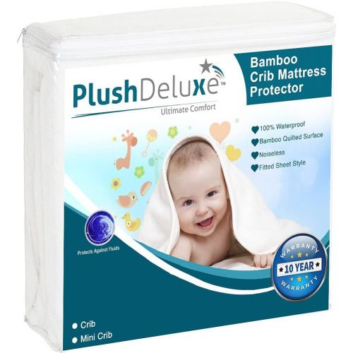  PlushDeluxe Mini Crib Mattress Protector 100% Waterproof, Without Noiseless ? Bamboo Quilted Ultra Soft White Terry Fitted Sheet Style (Mini Crib)