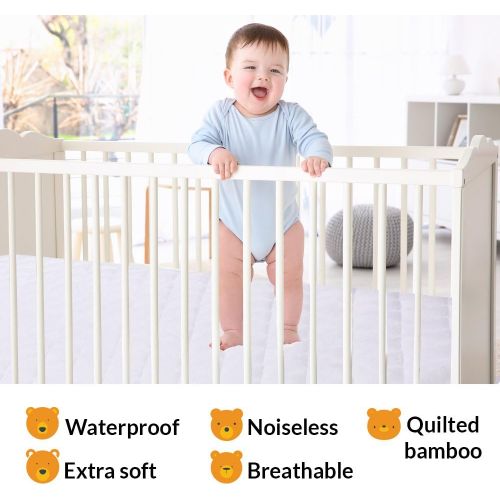  PlushDeluxe Mini Crib Mattress Protector 100% Waterproof, Without Noiseless ? Bamboo Quilted Ultra Soft White Terry Fitted Sheet Style (Mini Crib)