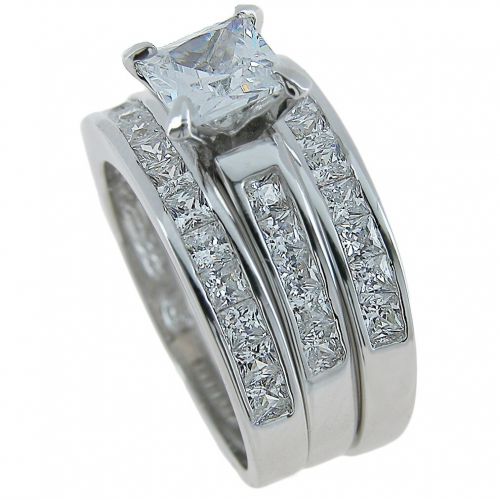  Plutus Sterling Silver Rhodium Finish CZ Princess Solitaire 3 Piece Ring Set