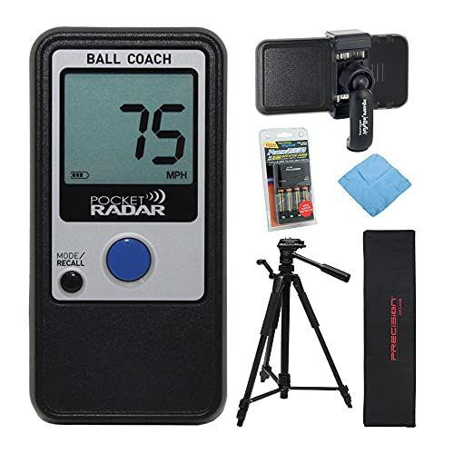  Pocket Radar Ball Coach/Pro-Level Speed Training Tool and Radar Gun with 57-Inch Tripod, Pocket-Sized Spring Tripod Mount, Battery Charger Pack and Cleaning Cloth Bundle (5 Items)