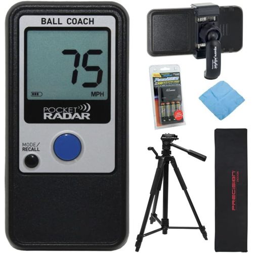  Pocket Radar Ball Coach/Pro-Level Speed Training Tool and Radar Gun with 57-Inch Tripod, Pocket-Sized Spring Tripod Mount, Battery Charger Pack and Cleaning Cloth Bundle (5 Items)