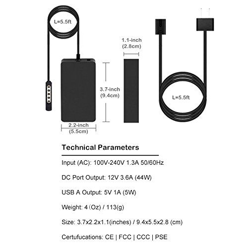  PoderCamino 48W Charger Power Supply for 12V 3.6A Surface RT Surface Pro 12 and Surface 2 Tablet, Replace for Microsoft Surface 1512 1516 1536 Charger Adapter Cord with 5V 1A USB