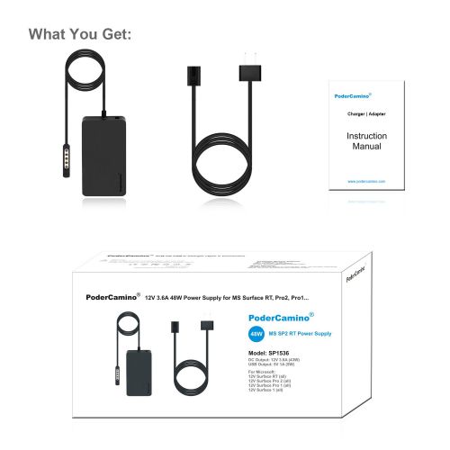  PoderCamino 48W Charger Power Supply for 12V 3.6A Surface RT Surface Pro 12 and Surface 2 Tablet, Replace for Microsoft Surface 1512 1516 1536 Charger Adapter Cord with 5V 1A USB