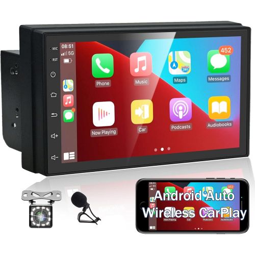  Podofo Android Double Din Car Stereo with Bluetooth- Wireless Apple Carplay & Android Auto, 7 Inch Touchscreen Car Radio Receiver with Backup Camera & Mic, Bluetooth, WiFi, FM, GPS Naviga