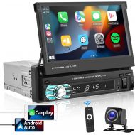 Podofo Single Din Apple Carplay Car Stereo with Bluetooth AHD Backup Camera, 7” flip Out Touch Screen Car Radio MP5 Player Support Android Auto, Mirror Link, USB, TF, FM Radio, Aux