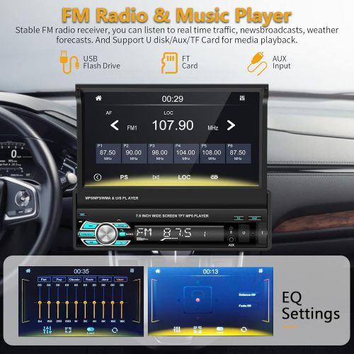  Podofo Single Din Apple Carplay Car Stereo with Bluetooth AHD Backup Camera, 7” flip Out Touch Screen Car Radio MP5 Player Support Android Auto, Mirror Link, USB, TF, FM Radio, Aux
