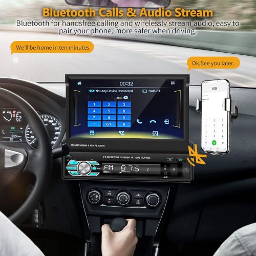  Podofo Single Din Apple Carplay Car Stereo with Bluetooth AHD Backup Camera, 7” flip Out Touch Screen Car Radio MP5 Player Support Android Auto, Mirror Link, USB, TF, FM Radio, Aux