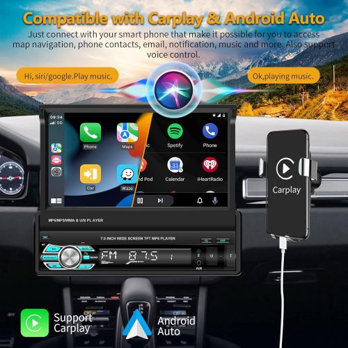  Podofo Single Din Apple Carplay Car Stereo with Bluetooth AHD Backup Camera, 7” flip Out Touch Screen Car Radio MP5 Player Support Android Auto, Mirror Link, USB, TF, FM Radio, Aux