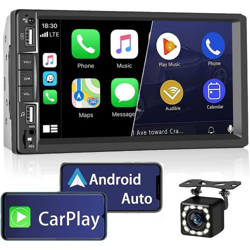  Podofo Double Din Car Stereo with Apple Carplay and Android Auto, 7 Inch Touchscreen Radio with Bluetooth/Mirror Link/FM Radio/Remote Control + Microphone & HD Backup Camera