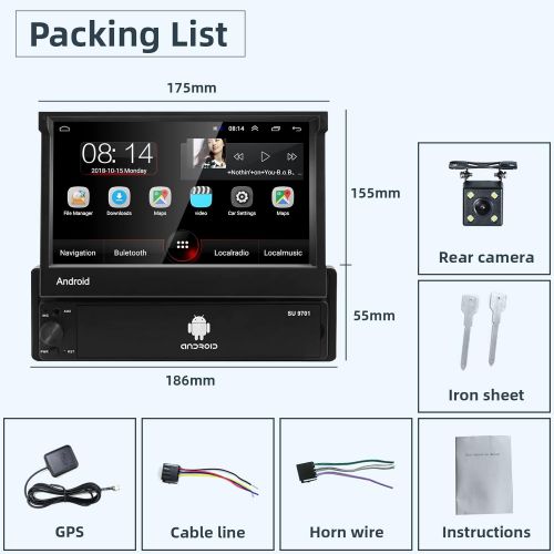  Podofo Single DIN Car Radio, Android Car Radio with 7 Inch Touchscreen in Dash, GPS Navigation Head, 1Din, Bluetooth Video Player, Removable Front Panel / AUX / SWC / WiFi / USB / FM Radi