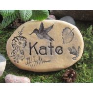 Poemstones Garden stone, Small Handmade Clay sculptures. Cute Garden sign w Custom name. Original designs: hummingbird, bugs, nature motifs