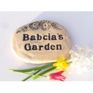 Poemstones Babcias Garden sign, Babcia plant marker. Polish Grandmother gift. Small ceramic Babcias Garden plaque. Handmade ceramic plant decor