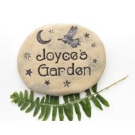 Poemstones Personalized Angel Memorial Stone. CUSTOMIZED memorial garden stone with Moon, stars. Angel Garden art sculpture. Custom Remembrance stone