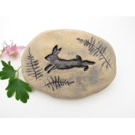 Poemstones Rabbit garden decoration. Handmade ceramic tile. Rock-like garden decor, Rabbit themed home decor. Rabbit sign, small bunny garden accent