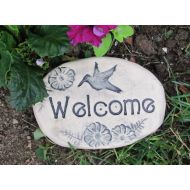 Poemstones Welcome friends and family to your garden! Handmade ceramic Welcome plaque. Outdoor sign, small home accent with hummingbird, flowers