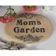 Poemstones Moms garden stone marker. Moms Garden sign. Rustic outdoor decoration for flowers herbs veggies. Handmade terracotta art tile. Rock shape