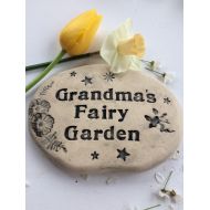 Poemstones Grandmas fairy garden sign, Personalized Grandma fairy gift, Grandma garden stone. Handmade Grandma pottery with fairies, flowers, stars.