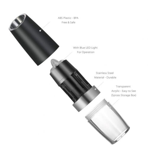  PoeticHouse Elektrische Pfeffermuehle Salzmuehle Automatische Gewuerzmuehle Keramikmahlwerk mit Schwerkraft Kippsensor, Verstellbarem Grobheit Edelstahl Chilimuehle mit blauem LED Licht