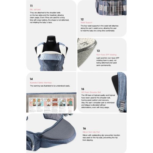  Pognae No 5 Plus Luxury All-in-One Baby Carrier Organic Infant Baby Hipseat Front Backpack Carrier (Blue Denim)