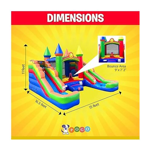  Pogo Bounce House Inflatable Bounce and Double Slide Combo Unit (Without Blower) - 16.5 x 15 x 11 Foot- Crossover Rainbow Castle Combo Bouncer, Kids Outdoor Toys, Jumpers for Kids