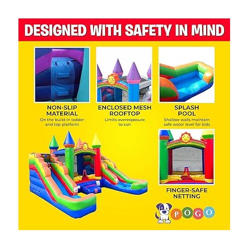  Pogo Bounce House Inflatable Bounce and Double Slide Combo Unit (Without Blower) - 16.5 x 15 x 11 Foot- Crossover Rainbow Castle Combo Bouncer, Kids Outdoor Toys, Jumpers for Kids