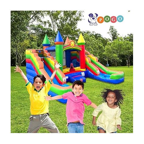  Pogo Bounce House Inflatable Bounce and Double Slide Combo Unit (Without Blower) - 16.5 x 15 x 11 Foot- Crossover Rainbow Castle Combo Bouncer, Kids Outdoor Toys, Jumpers for Kids