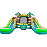 Pogo Bounce House Crossover Tropical Inflatable Bounce with Double Inflatable Water Slides for Kids, 16.5 x 15 x 11 Foot, Bouncy House, Commercial Outdoor Party Bouncer with Blower, Stakes, Bag