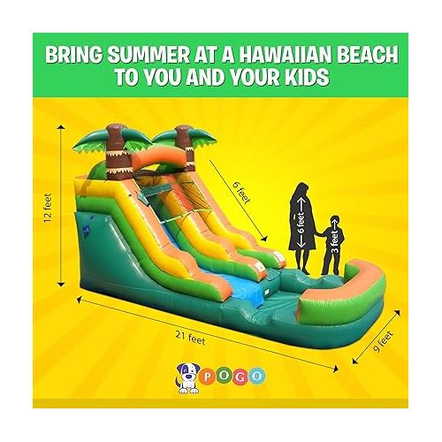  Pogo Bounce House Inflatable Water Slide for Kids & Toddlers with Inflatable Pool, Backyard, Park Commercial Use, Outdoor Water Play, Includes Blower Stakes, Splash Pool & Storage Bag, 21' x 9' - 12'