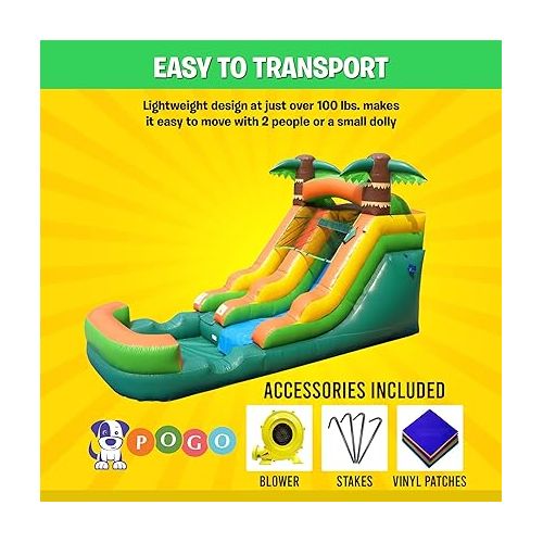  Pogo Bounce House Inflatable Water Slide for Kids & Toddlers with Inflatable Pool, Backyard, Park Commercial Use, Outdoor Water Play, Includes Blower Stakes, Splash Pool & Storage Bag, 21' x 9' - 12'