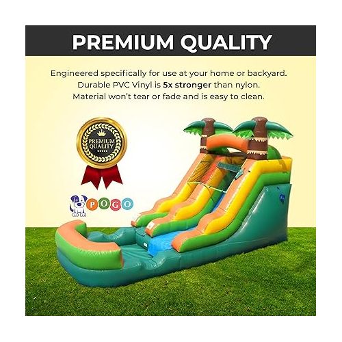  Pogo Bounce House Inflatable Water Slide for Kids & Toddlers with Inflatable Pool, Backyard, Park Commercial Use, Outdoor Water Play, Includes Blower Stakes, Splash Pool & Storage Bag, 21' x 9' - 12'