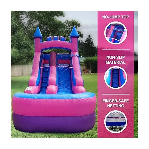  Pogo Bounce House Inflatable Water Slides for Kids (Without Blower) - 21' x 9' x 12' Foot Backyard Inflatable Water Slides with Splash Pool - Pink Princess