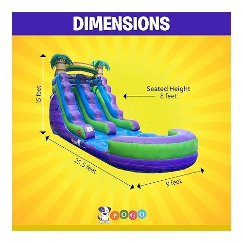  Pogo Bounce House Inflatable Water Slide for Kids with Inflatable Pool, Backyard, Park or Commercial, Outdoor Water Play, Includes Blower Stakes, Splash Pool & Storage Bag, Large 25.5' x 9' x15'