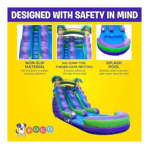  Pogo Bounce House Inflatable Water Slide for Kids with Inflatable Pool, Backyard, Park or Commercial, Outdoor Water Play, Includes Blower Stakes, Splash Pool & Storage Bag, Large 25.5' x 9' x15'