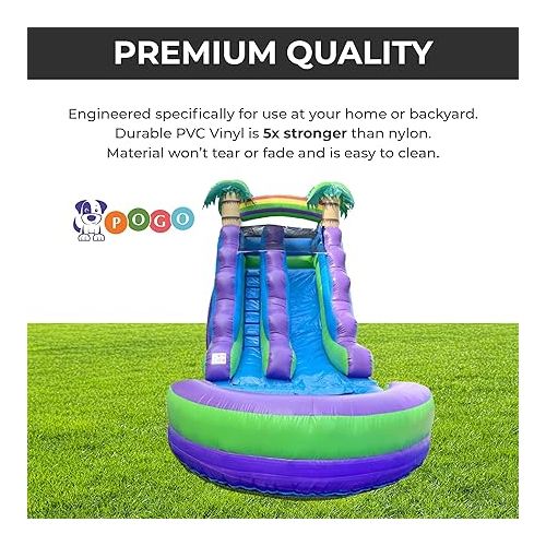  Pogo Bounce House Inflatable Water Slide for Kids with Inflatable Pool, Backyard, Park or Commercial, Outdoor Water Play, Includes Blower Stakes, Splash Pool & Storage Bag, Large 25.5' x 9' x15'