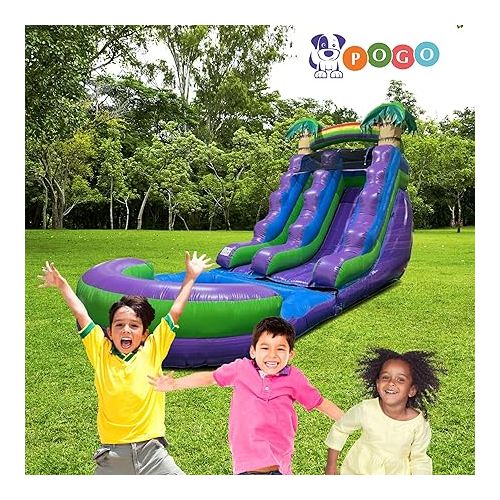  Pogo Bounce House Inflatable Water Slide for Kids with Inflatable Pool, Backyard, Park or Commercial, Outdoor Water Play, Includes Blower Stakes, Splash Pool & Storage Bag, Large 25.5' x 9' x15'