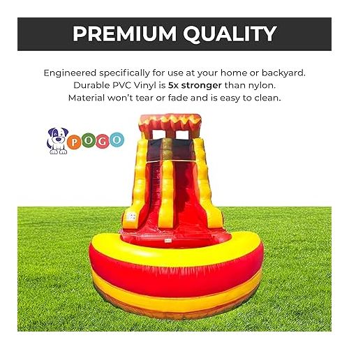  Pogo Bounce House Inflatable Water Slide for Kids with Inflatable Pool, Backyard, Park or Commercial, Outdoor Water Play, Includes Blower Stakes, Splash Pool & Storage Bag, Large 25.5' x 9' x 15'