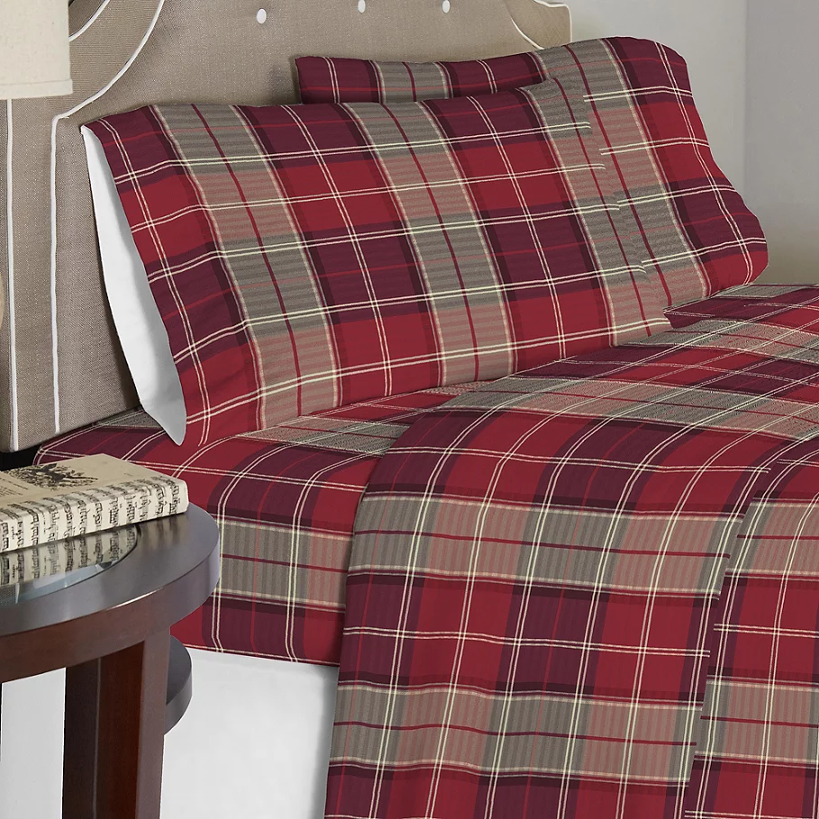 Pointehaven 175 GSM Piedmont Plaid Flannel Sheet Set in RedBrown