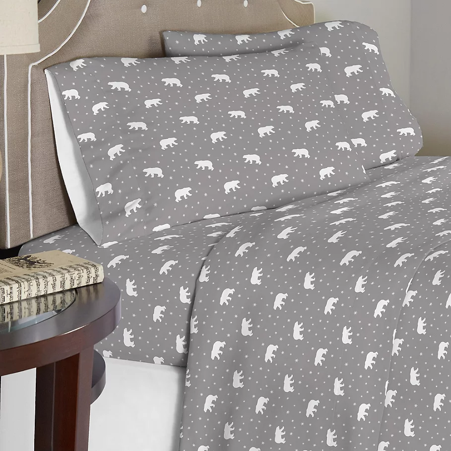 Pointehaven 175 GSM Polar Bear Flannel Sheet Set in WhiteGrey