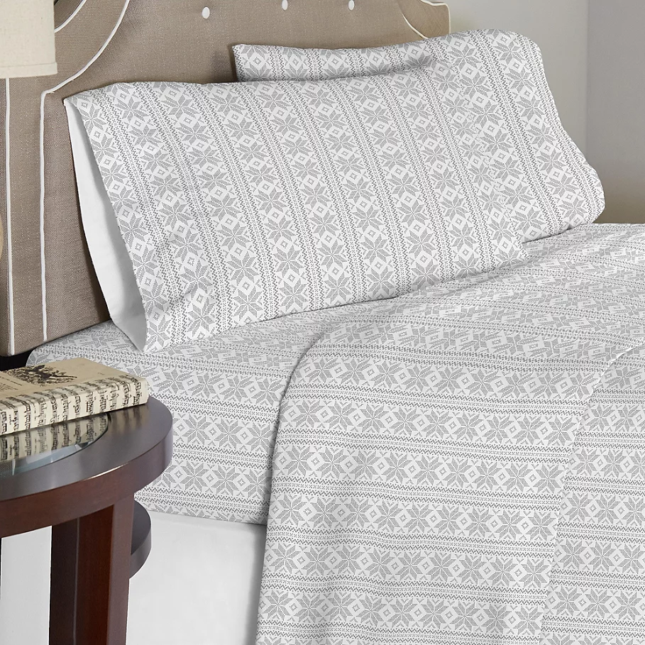 Pointehaven 175 GSM Fair Isle Flannel Sheet Set in GreyWhite