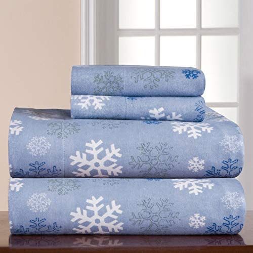  Pointehaven Heavy Weight Printed Flannel 100-Percent Cotton Sheet Set, Queen, Snow Flakes