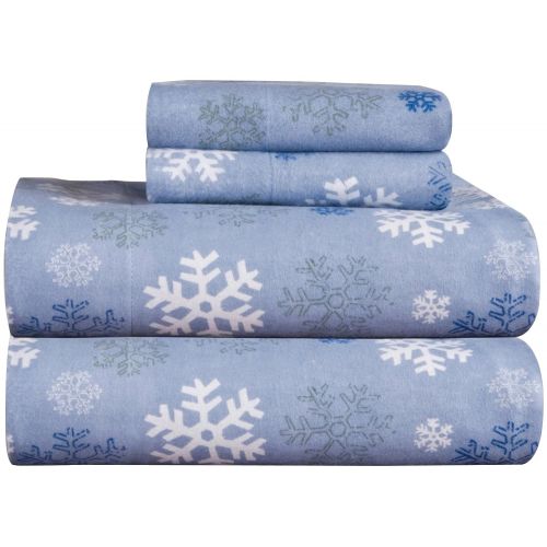  Pointehaven Heavy Weight Printed Flannel 100-Percent Cotton Sheet Set, Queen, Snow Flakes