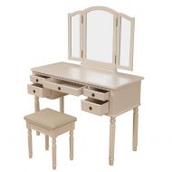 Polar Aurora Tri Folding Vintage Beige Dressing Table Makeup Vanity Set with Mirror and Cushioned Stool 5 Drawers