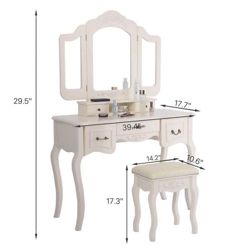  Polar Aurora Tri Folding Vintage Beige Vanity Makeup Dressing Table Set 5 Drawers &Stool