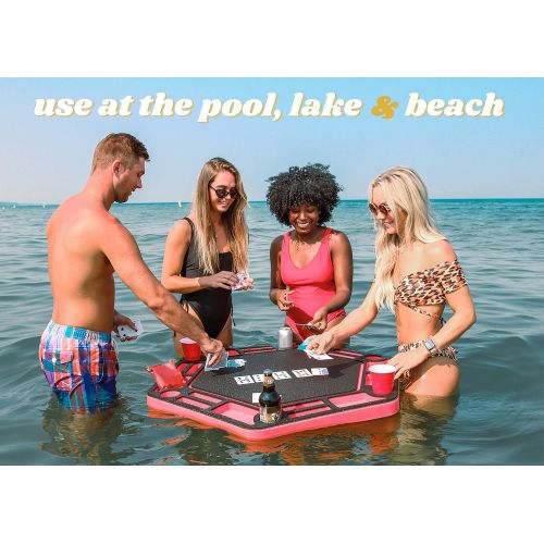  [아마존베스트]Polar Whale Floating Poker Table Red and Black Game Tray for Pool or Beach Party Float Lounge Durable Foam Chip Slots Drink Holders with Waterproof Playing Cards Deck UV Resistant